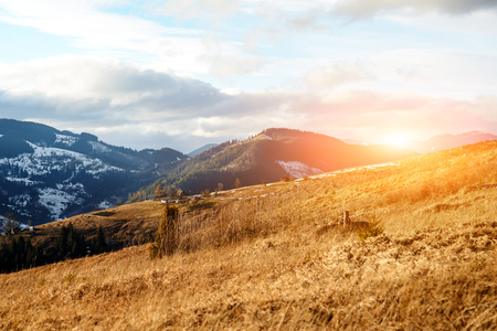 Scenic winter view on top of the Carpathian mountain.の写真素材