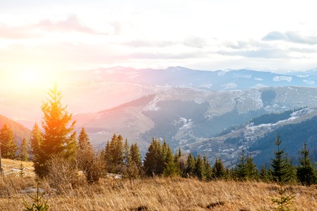 Scenic winter view on top of the Carpathian mountain.の写真素材