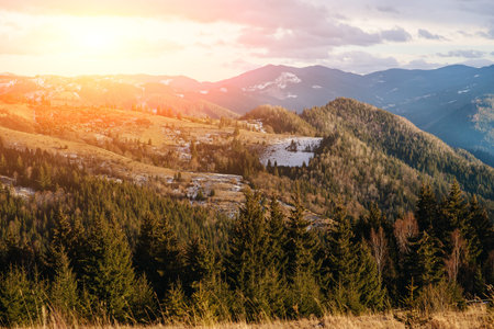 Scenic winter view on top of the Carpathian mountain.の写真素材