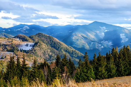 Scenic winter view on top of the Carpathian mountain.の写真素材