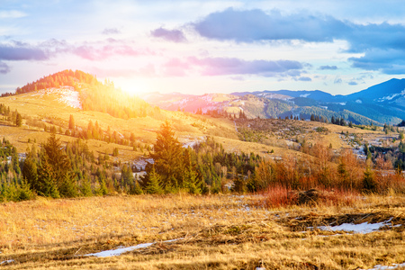 Scenic winter view on top of the Carpathian mountain.の写真素材