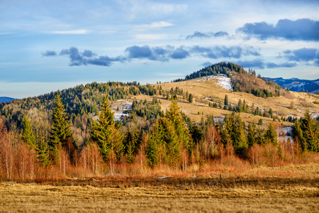 Scenic winter view on top of the Carpathian mountain.の写真素材