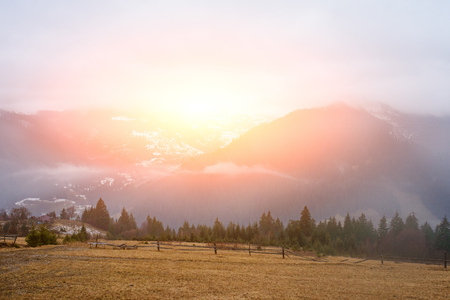 Beautiful view with morning fog in early spring, in Carpathian mountains,の写真素材