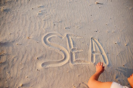 A young woman writes in the sand the word sea.の写真素材