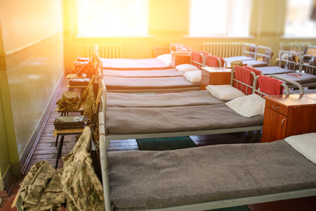many beds in the military barracks of ukraine.の写真素材