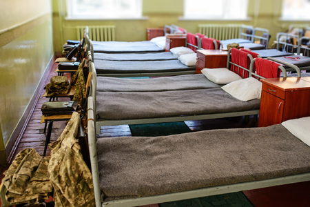 many beds in the military barracks of ukraine.の写真素材