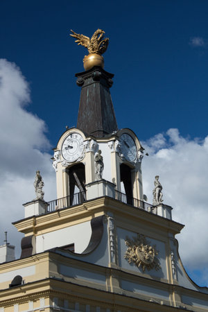 3.09.2022 Bialystok Poland. Historic clock under the golden eagle.の写真素材