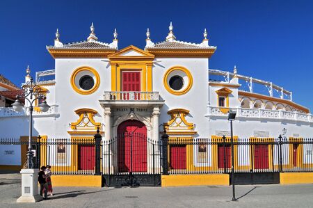 Spain, Andalusia, Sevilla, Plaza de Toros de la Real Maestranza de Caballeria de Sevilla, the Baroque facade of the bullring.のeditorial素材