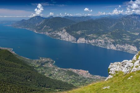 View from Monte Baldo on lake Garda, Malcesine, Lombardy, Italy.の写真素材