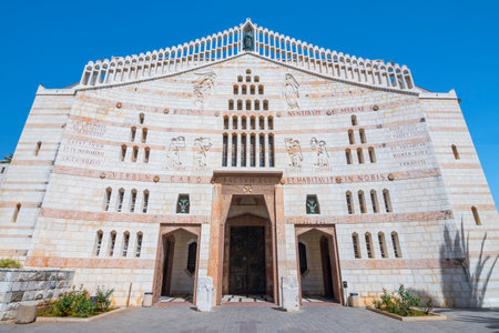 Western facade of the Basilica of Annunciation in Nazareth, Galilee, Israel.の写真素材