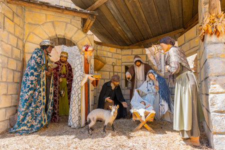 Traditional nativity scene depict three kings visiting the infant Jesus on the night of his birth in Bethlehem, Palestine.の写真素材