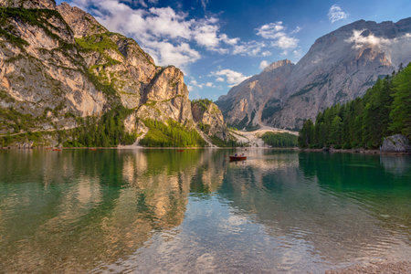 Lake Braies (also known as Pragser Wildsee or Lago di Braies) in Dolomites Mountains, Sudtirol,...
