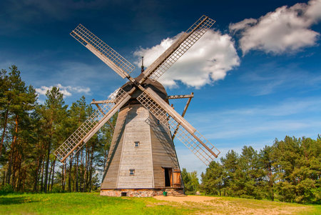 Original windmill from 19th century, dutch type The Folk Architecture Museum and Ethnographic Park...