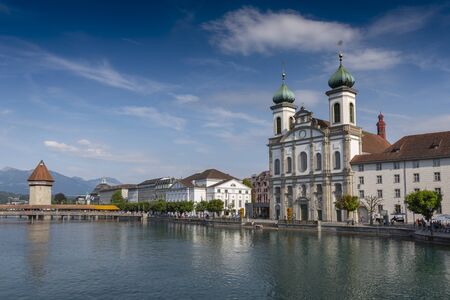 The Lucerne Jesuit Church is a Catholic church in Lucerne along the river Reuss, Switzerland.の写真素材