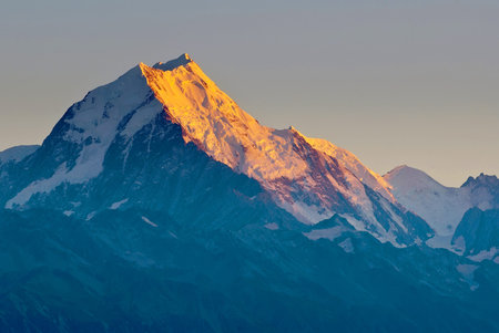 Mount Cook summit in Aoraki Mount Cook National Park, South Island, New Zealand.
