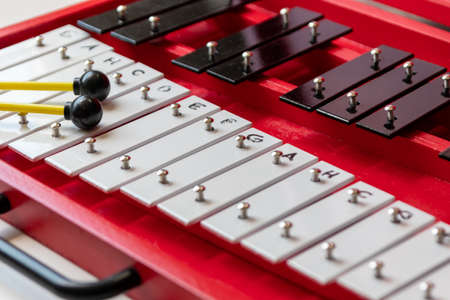 Portable xylophone or sticcado with drum sticks for educational music arts with classic instrument for creativity and musicians for keyboard rhythm beat with stick shifts to listenの写真素材