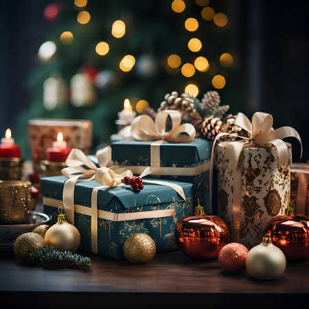 Photograph of a Christmas gifts and decoration setup, closeup and short depth of field. Dim lighting warm feel. Holiday season arrangementの素材