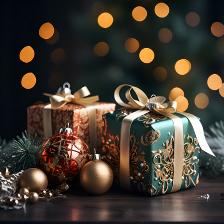 Christmas gift boxes with golden ribbons and christmas balls on bokeh backgroundの素材