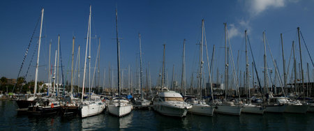 Panorama of boats on the sea ready to go in port of Barcelona