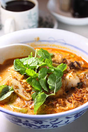 Noodle with curry chicken & peppermintの写真素材