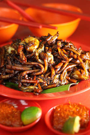 Fried Hokkien noodles with prawnsの写真素材