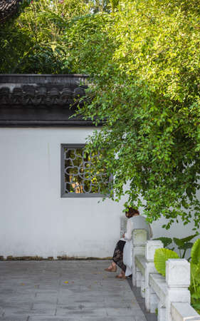 A girl sitting under the tree at the park reading a bookの写真素材