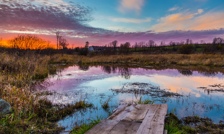colorful rural sunset in late autumn season