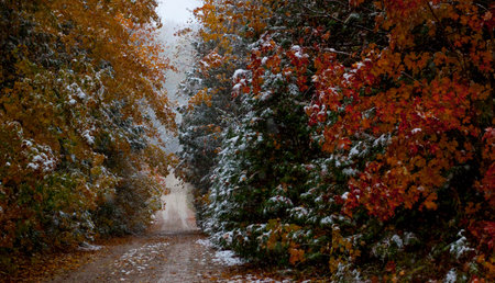 the view down a scenic country roadway in autumn landscapeの写真素材