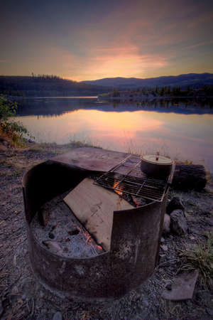 firepit on a remote mountain lakeの写真素材