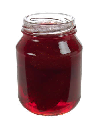 Jar of strawberry syrup with berries isolated on whiteの写真素材