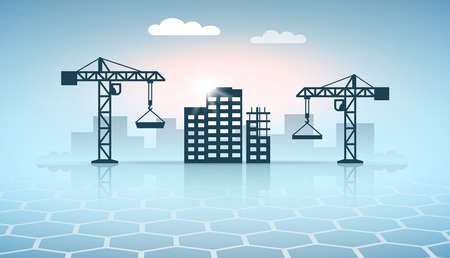 Web banner design with construction site silhouettesのイラスト素材