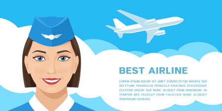 Cute nice smiling stewardess and flying passenger airplane. Vector flyer or web banner designのイラスト素材