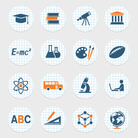 Education and school icons. Set of round paper stickers. Vector clipartのイラスト素材