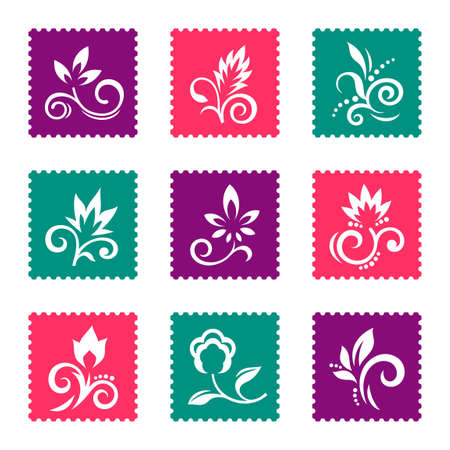 Set of postage stamps with floral icons. Vector illustrationのイラスト素材