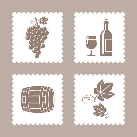 Set of postage stamps with grape and wine icons. Vector illustrationのイラスト素材