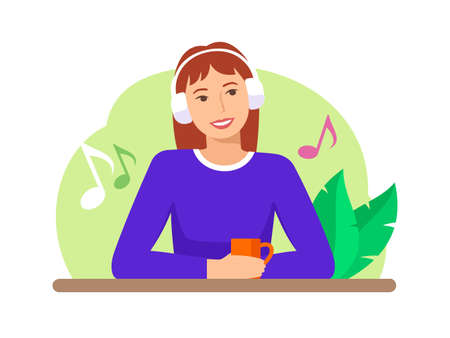 Beautiful girl listening to music with headphones. vector illustrationのイラスト素材