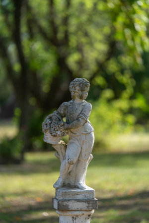 A stone statue of a child holding a basket of grapes, bathed in soft afternoon light. A silent witness of time and beauty in a rural garden of Argentina.の写真素材