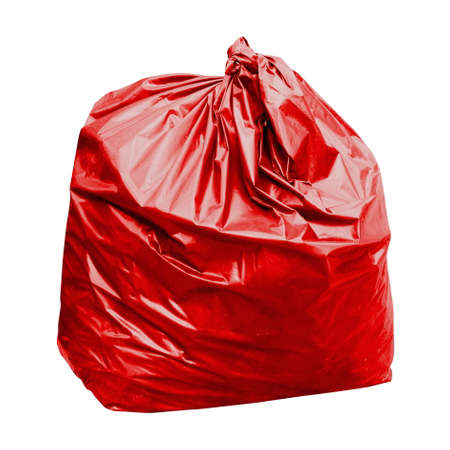 red garbage bag with concept the color of red garbage bags is toxic hazardous (isolated on white background)の写真素材