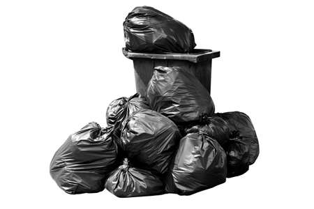 Bin,Trash, Garbage, Rubbish, Plastic Bags pile, bin bag garbage dark black isolated on background whiteの写真素材
