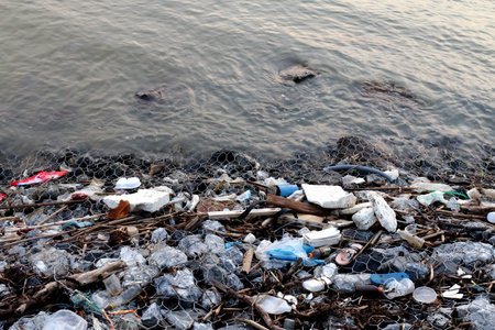 Waste seaside Pollution, Garbage on beach, Waste trash in river, Toxic waste, Wastewater, Dirty...