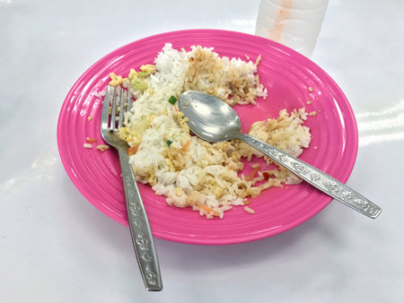 Leftover rice on a plate is food trash can bin, be satisfied foodの写真素材