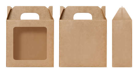 Box brown window shape cut out Packaging template, Empty kraft Box Cardboard isolated white background, Boxes Paper kraft natural material, Gift Box Brown Paper from Industrial Packaging cartonの写真素材