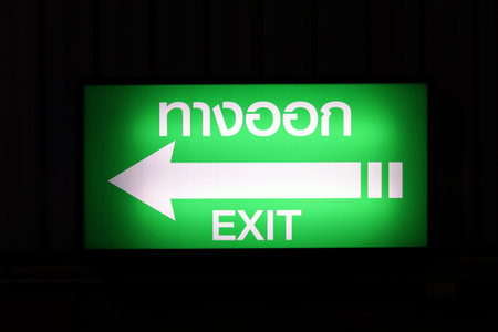 Exit Sign Box, Night Signage Box White arrow, green background (Thai Word)
