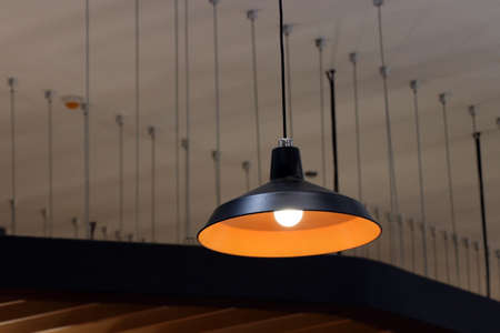 Modern spherical lamp black hanging on the ceilingの写真素材