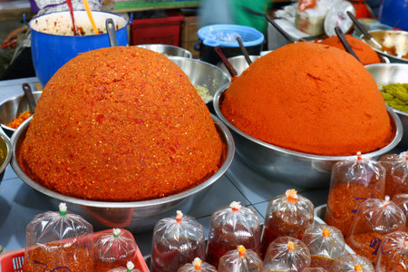 Curry in the bazaar, Spicy Curry pile, Curry red orange colorful spice market, Traditional spices hot food in local bazaar in Thailand (Selective Focus)の写真素材