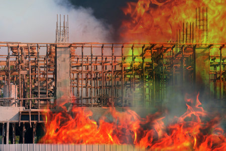 Fire, Building fire Construction site area, fire home burn, Smoke and fire Pollution burn at building, burning houseの写真素材
