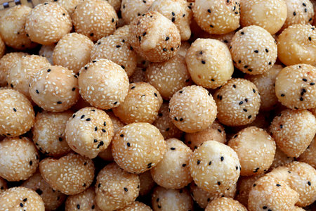 Fried Mung Bean Stuffed Balls, Thai snack Pastry Swan egg with sesame seeds (Kanom Kai Hong), (Khanom Khai Hong) Thai wordの写真素材