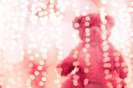 Teddy bear doll in Lighting line bokeh pink bright for Christmas or happy new year Background, Bear...