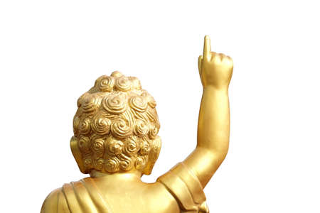 Buddha child, baby Buddha gold statue and Arms and index fingers golden isolated on white backgroundの写真素材