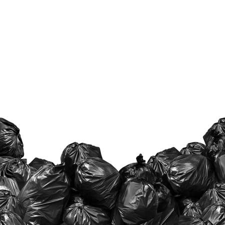 pile of garbage bag black isolated white background and copy space for banner, trash, bin, Garbage bag, pollution from rubbish bag plastic conceptの写真素材